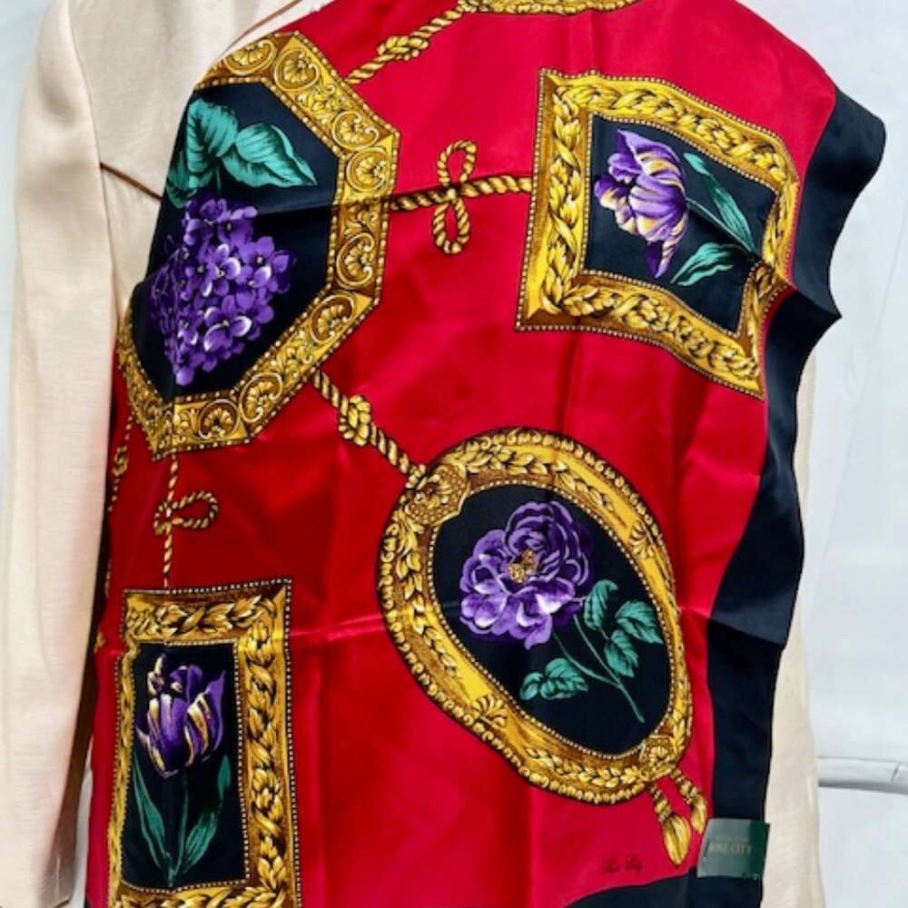 New with Tag On ROSE CITY 100% Silk Satin Lg 34" Black Red Green Gold Floral (14 - Picture 11 of 11